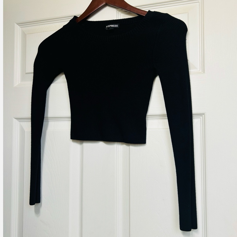 Express Cropped Ribbed Crew Neck Sweater